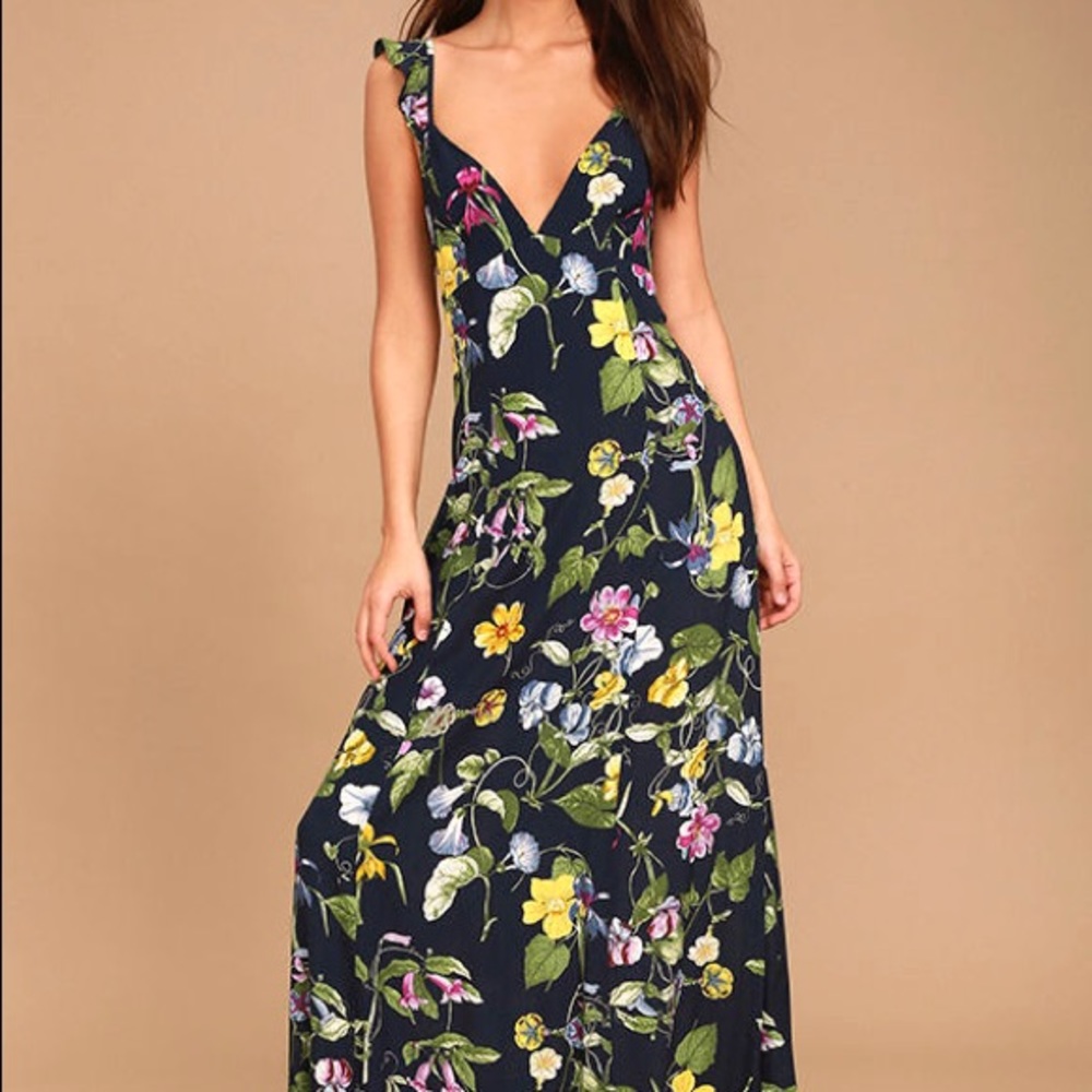 Simple Pleasure Navy Blue Floral Print Maxi Dress